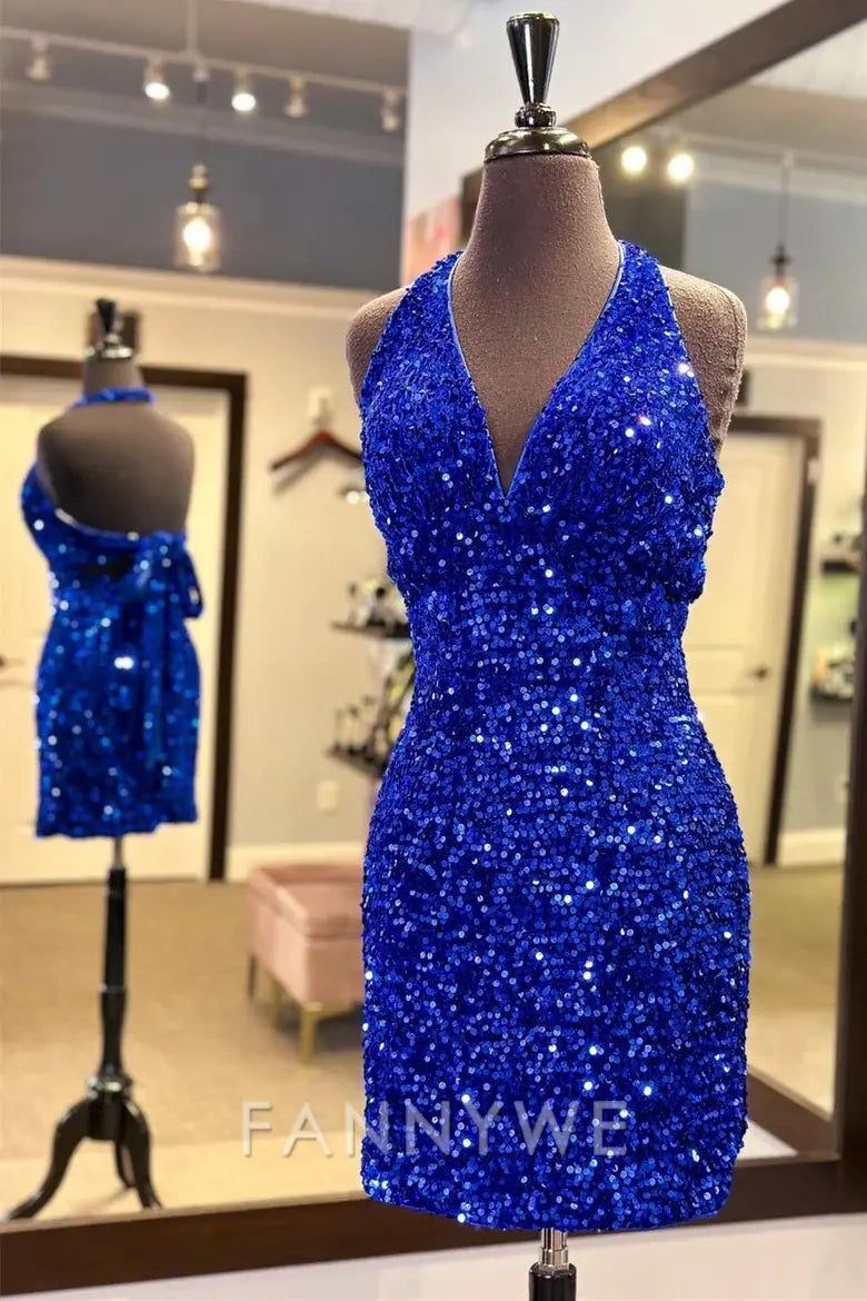 FannyWe Simple Royal Blue Sequin Halter Tie-Back Short Homecoming Dress formal wear dresses